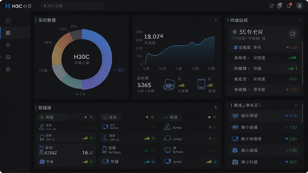 主体是H3C小贝手机端网络监控仪表盘,布局为环形数据图加终端列表,排版为上方总览下方明细,风格为数据可视化深色主题,细节包含实时速率曲线、设备图标、信号强度指示,画质高清,干净,无多余元素