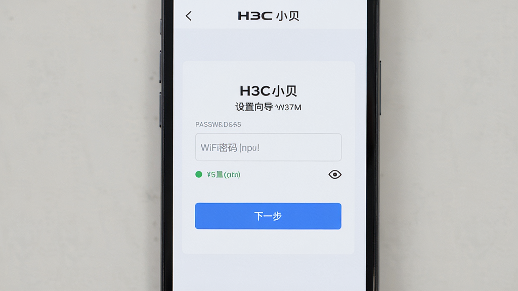 主体是手机屏幕显示H3C小贝设置向导页面包含WiFi密码输入框和下一步按钮,布局为居中表单,排版为标题加输入框加按钮,风格为清爽浅色扁平设计,细节包含密码强度提示、眼睛图标、蓝色主按钮,画质高清,干净,无多余元素