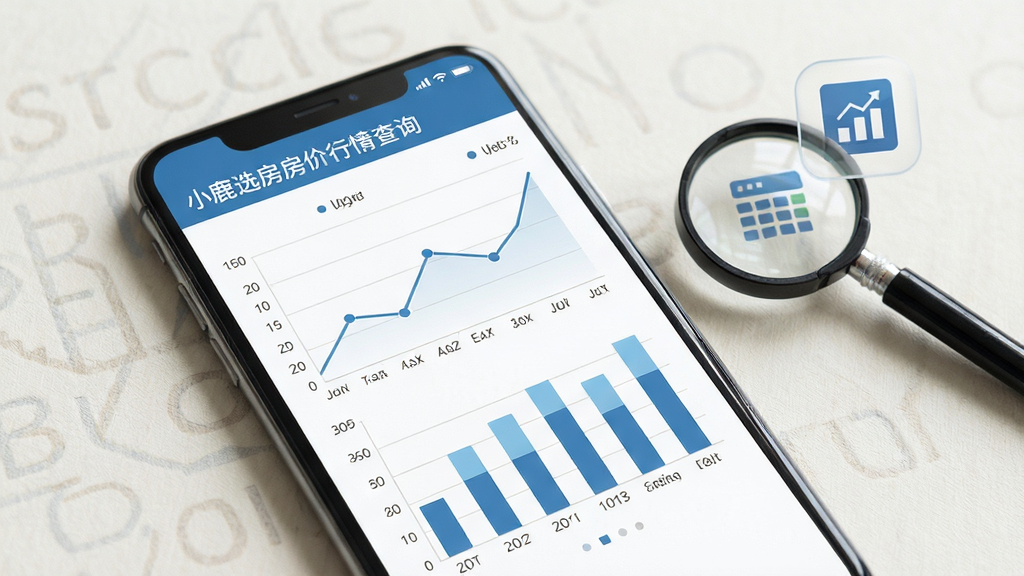 小鹿选房房价行情查询界面,手机屏幕展示折线图与柱状图组合的数据分析页面,屏幕旁有放大镜与数据图标,背景为浅色商务纹理,风格简约专业,细节清晰,画质干净,无多余元素