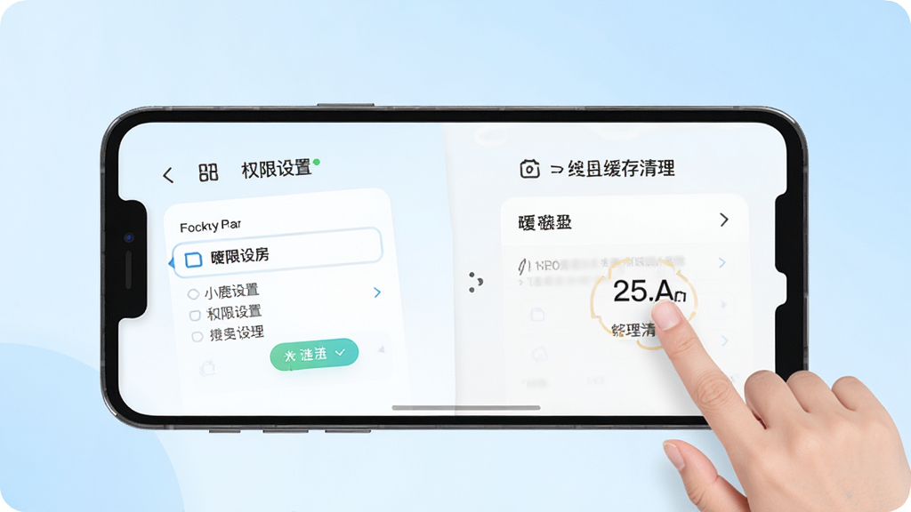小鹿选房移动端使用技巧示意图,画面中手机屏幕展示权限设置与缓存清理界面,手指点击操作,背景为浅蓝色渐变,风格简洁明快,细节清晰,画质干净,无多余元素