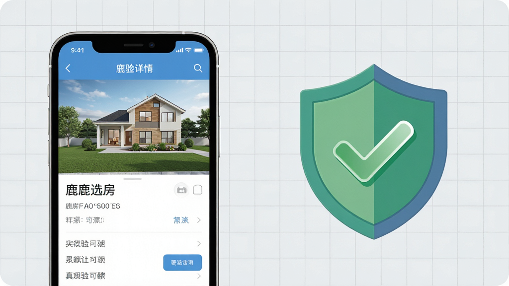 小鹿选房真实房源核验功能展示,画面左侧为手机屏幕显示房源详情页,右侧为核验通过的绿色对勾图标与盾牌元素,背景为浅灰色网格纹理,风格扁平化设计,细节精致,画质清晰,无多余元素