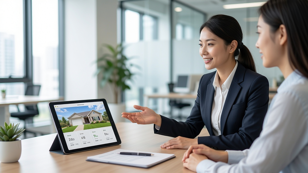 小鹿选房专业顾问服务场景,画面中一位穿着职业装的顾问正在与客户交流,背景为现代办公室环境,桌面上放置平板电脑展示房源信息,风格写实商务,细节清晰,画质干净,无多余元素