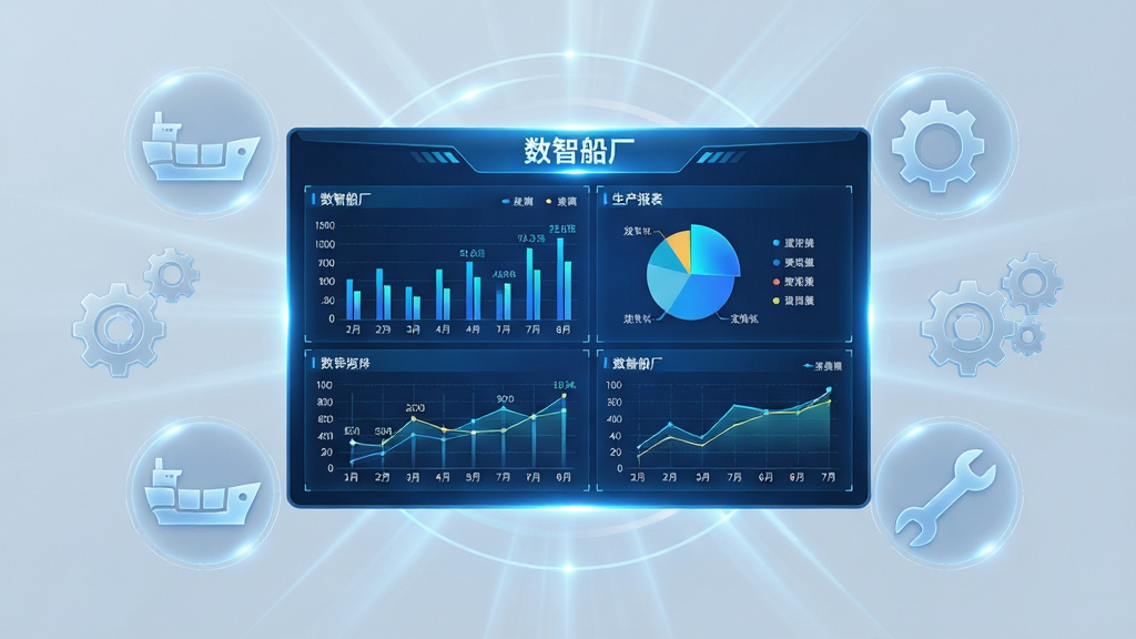 画面中心是一块悬浮的数字化数据看板,显示“数智船厂”生产报表,包含柱状图、饼图和折线图。看板周围环绕着船体分段、齿轮、扳手等半透明图标。布局为居中放射状。风格为科技蓝光数据可视化。细节包括图表上的数值标签、网格线、轻微的光晕效果。画质高清,干净,无多余元素。