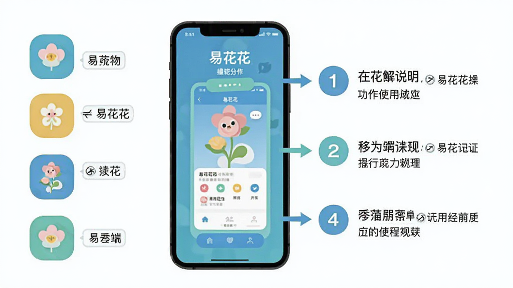 易花花移动端使用教程示意图,主体为手机屏幕展示易花花操作步骤分解,布局左侧为图标列表,右侧为对应说明文字,排版左右分栏,风格扁平化教学风,细节包含数字编号与箭头指示,画质干净清晰无多余元素