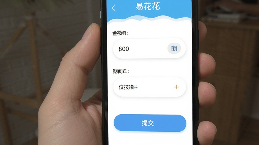 易花花手机应用申请页面截图风格展示,主体为手机屏幕显示易花花借款申请表单,布局从上到下依次为金额选择、期限选择、提交按钮,排版纵向排列,风格简洁明快,细节包含输入框与按钮的圆角设计,画质清晰干净无多余元素