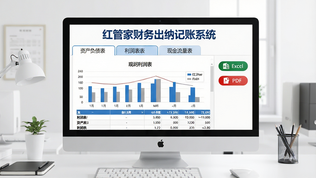红管家财务出纳记账系统报表中心界面,画面中央显示软件名“红管家财务出纳记账系统”在报表标题上方,屏幕中展示资产负债表、利润表与现金流量表三个选项卡,当前选中利润表并显示柱状图与数据表格,右侧有导出Excel与PDF按钮,界面采用白底蓝字商务风格,背景为整洁办公桌,高清画质,干净无多余元素