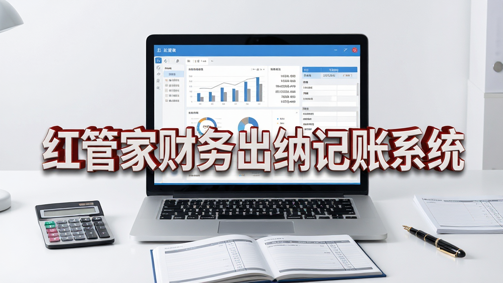红管家财务出纳记账系统软件主界面全景展示,画面中央为软件名称“红管家财务出纳记账系统”立体字样,背景为干净整洁的办公桌面,桌面上摆放笔记本电脑、计算器、纸质账本与钢笔,屏幕中显示财务数据图表与记账表单,整体采用简约商务写实风格,色调以蓝白灰为主,画面干净无多余元素,高清画质,细节清晰,排版居中对称