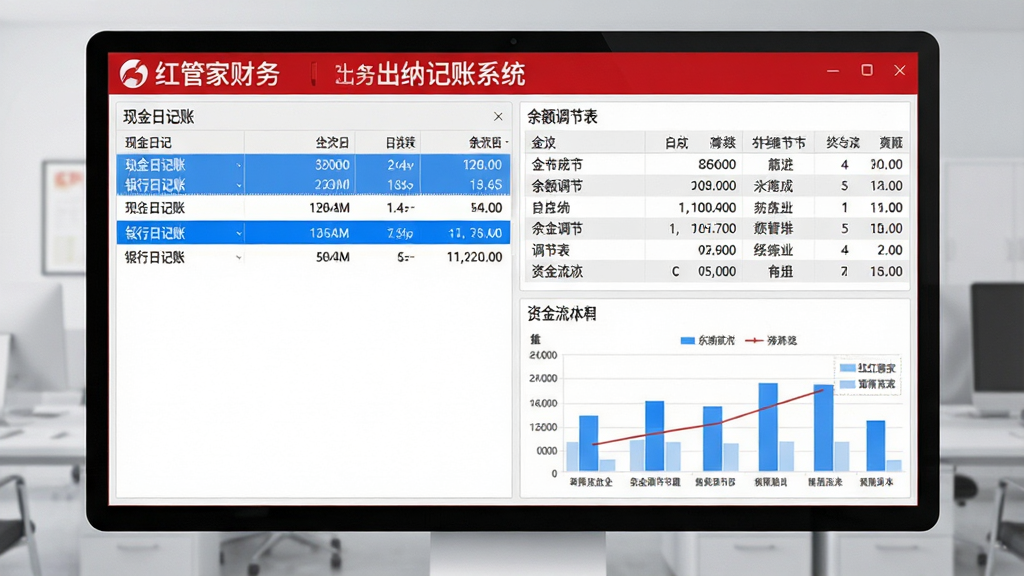 红管家财务出纳记账系统出纳记账功能界面,画面中展示软件名“红管家财务出纳记账系统”在屏幕顶部,下方分为左右两栏,左侧为现金日记账与银行日记账列表,右侧为自动生成的余额调节表与资金流水图表,界面采用蓝色高亮选中行,数据清晰排列,背景为浅灰色办公环境,风格简洁专业,高清画质,干净无多余元素