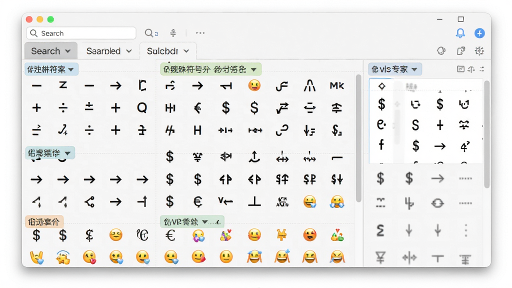 字符专家特殊符号库面板展示,画面中软件窗口内呈现分类符号网格,包含数学符号、箭头、货币、emoji等类别标签,符号以整齐网格排列,风格为清新明快的工具软件界面,细节包括搜索框、分类选项卡、符号预览区,画质高清,干净,无多余元素