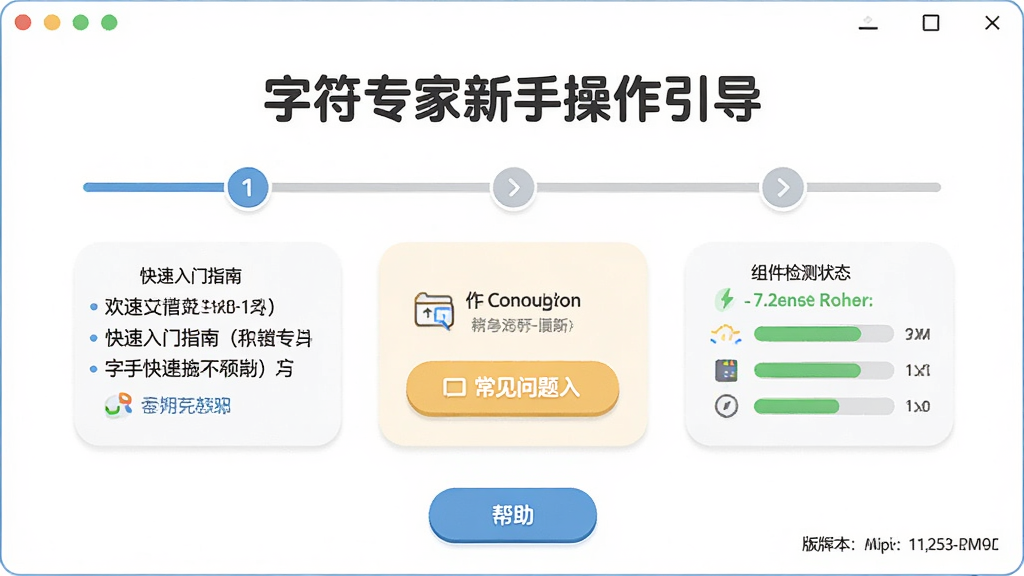字符专家新手操作引导界面,画面展示软件启动后的欢迎页面,包含快速入门指南、常见问题入口、组件检测状态,风格为友好亲切的软件向导界面,细节包括步骤指示器、帮助按钮、版本信息,画质高清,干净,无多余元素