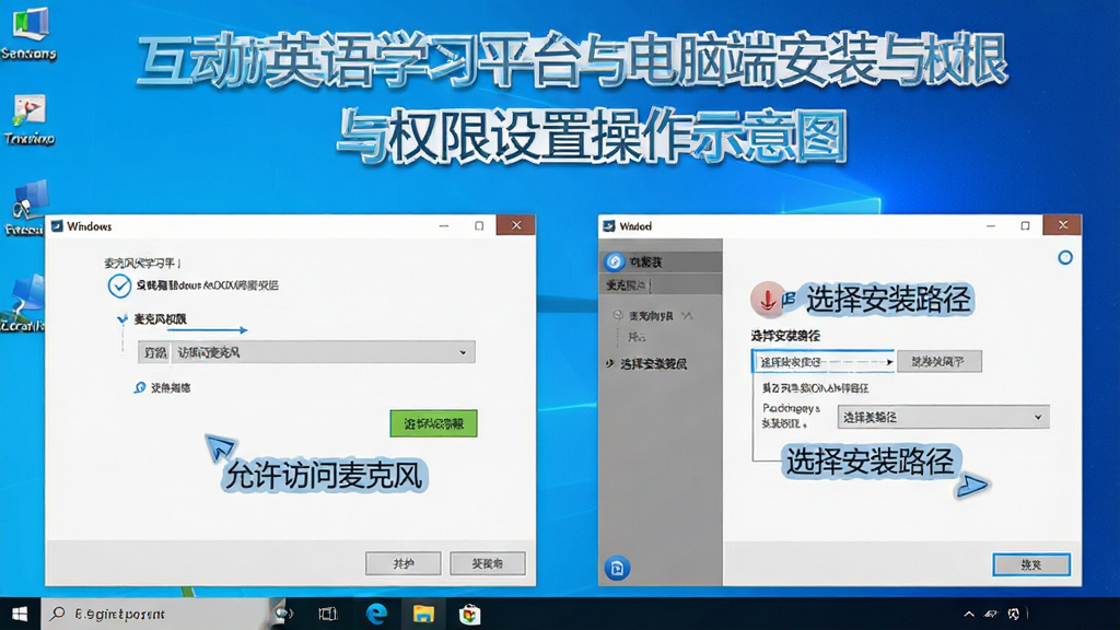 互动英语学习平台电脑端安装与权限设置操作示意图,画面展示Windows系统设置中麦克风权限开启的界面,旁边有软件安装向导的截图,标注“允许访问麦克风”“选择安装路径”等关键步骤,风格为教程类截图排版,文字清晰,配色简洁,画质干净,无多余元素。