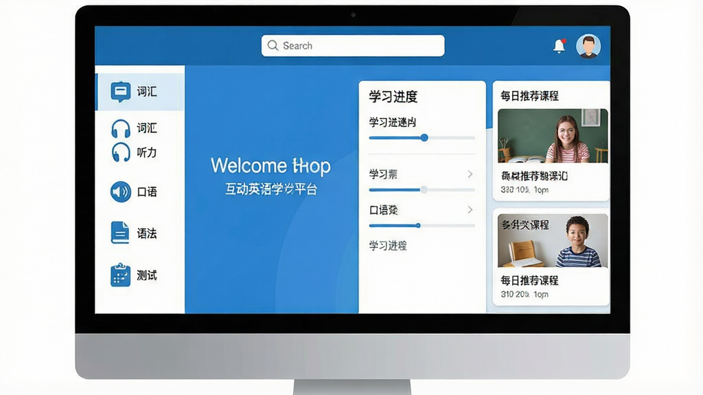 一张展示互动英语学习平台软件主界面的电脑屏幕截图,画面中央是软件欢迎首页,左侧为功能导航栏包含词汇、听力、口语、语法、测试等图标,右侧为学习进度面板与每日推荐课程卡片,顶部有搜索框与用户头像,整体布局整洁有序,采用蓝白配色风格,界面文字清晰可读,画质干净,无多余元素,适合作为软件下载站预览图。