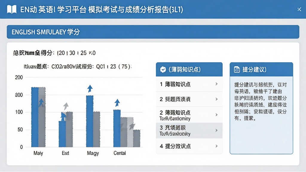 互动英语学习平台模拟考试与成绩分析报告界面,画面展示一份英语模拟测试的成绩单,包含总分、各题型得分柱状图、薄弱知识点列表和提分建议文字框,界面设计专业简洁,配色以蓝色和灰色为主,文字清晰,布局规整,画质干净,无多余装饰元素。