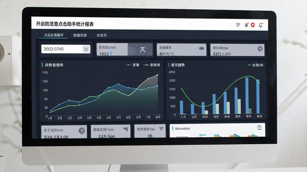 开启防恶意点击助手统计报表页面,主体为电脑屏幕展示折线图与柱状图组合的数据看板,布局为上方筛选条件下方图表区域,排版层次分明,风格为专业数据分析风,细节包括日期选择器、数据卡片、趋势曲线,画质清晰,画面干净,无多余元素
