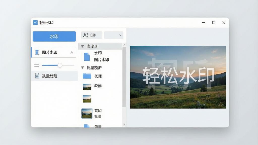 一张干净整洁的软件界面截图风格插画,画面中央是名为“轻松水印”的图片处理软件主窗口,左侧显示功能菜单栏包含文字水印、图片水印、批量处理选项,右侧是图片预览区域展示一张添加了半透明文字水印的风景照片,整体布局清晰对称,风格为现代扁平化UI设计,细节包括按钮图标、滑块控件、文件列表缩略图,画质清晰锐利,画面干净无多余元素,背景为浅灰色渐变