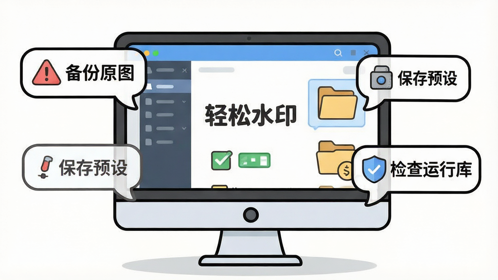 一张展示新手使用软件避坑指南的插画,画面主体是一台电脑屏幕显示“轻松水印”软件界面,屏幕旁边漂浮着几个提示气泡分别写着“备份原图”“保存预设”“检查运行库”,布局为居中构图,风格为友好卡通插画,细节包括警告图标、勾选框、文件夹图标,画质清晰干净无多余元素