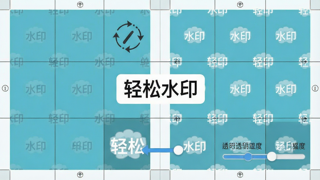 一张展示水印位置与平铺模式的示意图,画面分为左右两部分,左侧展示单点水印放置在图片右下角,右侧展示平铺水印均匀覆盖整张图片,中间是“轻松水印”软件的名称标识,布局为对比式排版,风格为扁平化信息图,细节包括九宫格位置参考线、水印角度旋转示意、透明度滑块,画质清晰干净无多余元素