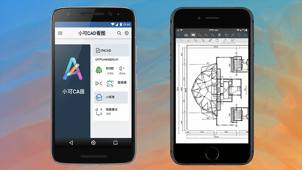 主体为一部安卓手机与一部苹果手机并排展示,屏幕分别显示小可CAD看图的安装界面与图纸打开界面,布局为左右对比,风格为简洁产品展示风,细节包含手机边框、屏幕内容清晰可辨、背景为纯色渐变,画质高清,干净,无多余元素