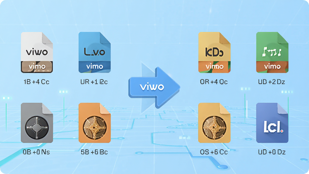 Viwoo音频格式转换器多格式转换功能示意图,画面中央是转换箭头连接左右两侧不同格式图标,背景为淡蓝色科技感网格,扁平化插画风格,文字标注清晰,高清画质,干净无多余元素