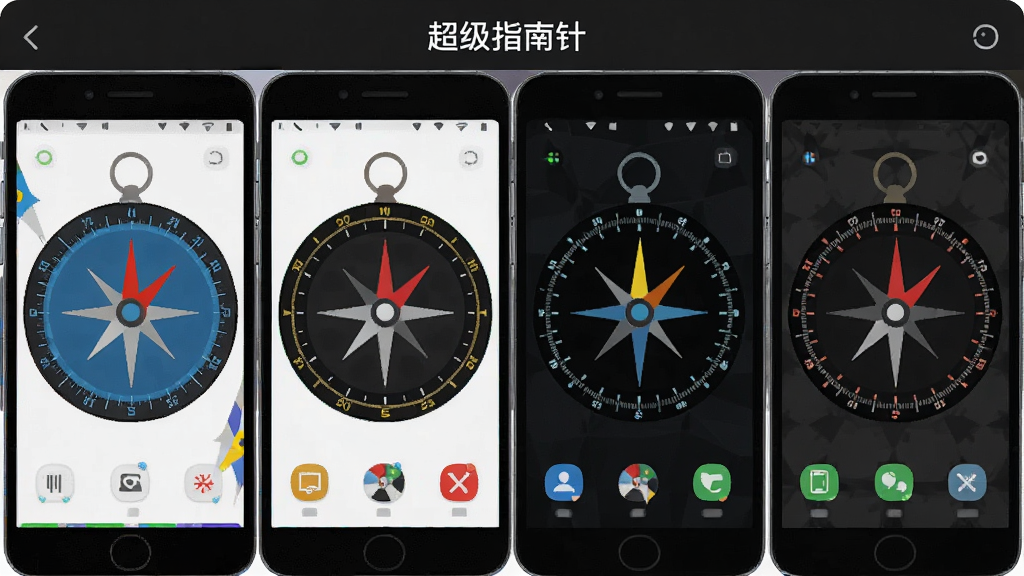 一张展示“超级指南针”应用多主题皮肤切换界面的画面,主体为多部手机并排展示不同罗盘皮肤,布局采用横向排列对比,风格为扁平化设计风,细节包含不同颜色与刻度样式,画质高清,干净,无多余元素