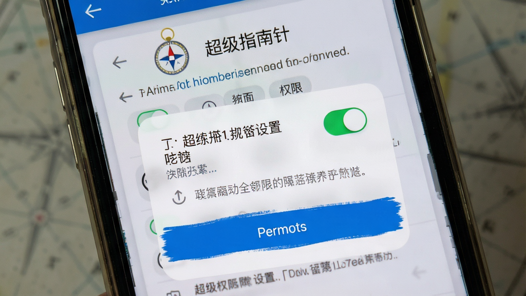 一张展示“超级指南针”应用在手机端安装与权限设置界面的画面,主体为手机屏幕显示权限授权弹窗,布局采用居中特写,风格为教程演示风,细节包含权限开关与提示文字,画质高清,干净,无多余元素