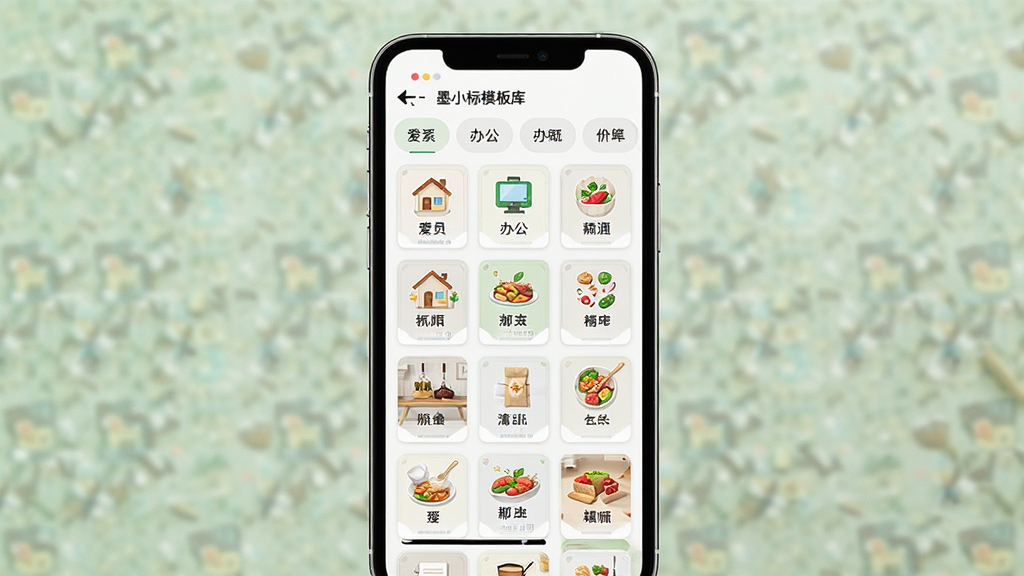 一张展示爱墨小标模板库界面的预览图,画面中央是手机屏幕显示多种标签模板缩略图网格,布局为上下结构,上方是分类标签栏,下方是模板预览网格,风格为明亮清新的卡片式设计,细节包括家居、办公、食品等分类图标和模板示例,画质为高清2K,干净无多余元素