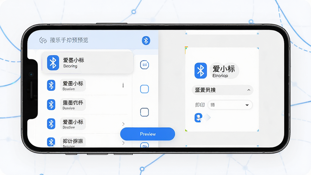 一张展示爱墨小标蓝牙连接与打印预览界面的预览图,画面中央是手机屏幕显示蓝牙设备列表和打印预览按钮,布局为左右结构,左侧是蓝牙搜索列表,右侧是标签打印预览效果,风格为科技感与简约风结合,细节包括蓝牙图标、设备名称、打印参数设置选项,画质为高清2K,干净无多余元素