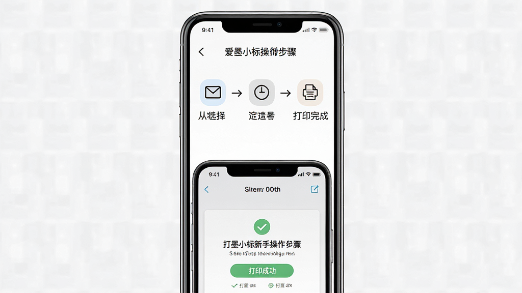 一张展示爱墨小标新手操作步骤的预览图,画面中央是手机屏幕显示从选择模板到打印完成的流程图,布局为上下结构,上方是操作步骤图标,下方是手机界面截图,风格为简洁教程风,细节包括步骤编号、箭头指示和打印成功提示,画质为高清2K,干净无多余元素