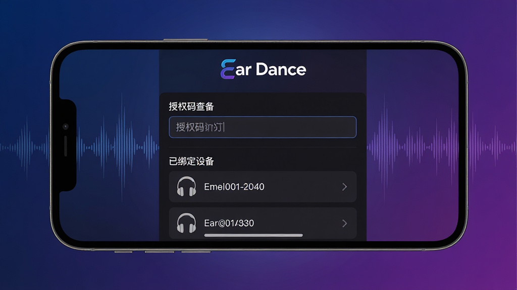 一张展示Ear Dance软件授权码查询功能的界面截图风格图片,画面中一部手机横屏展示,屏幕上是一个深色主题的应用界面,顶部有Ear Dance的Logo,中间区域显示授权码输入框和已绑定设备列表,列表中有耳机图标和对应编码。背景是深蓝到紫色的渐变,带有微弱的声波线条装饰,整体风格科技感十足,细节精致,画质高清,干净无多余元素。