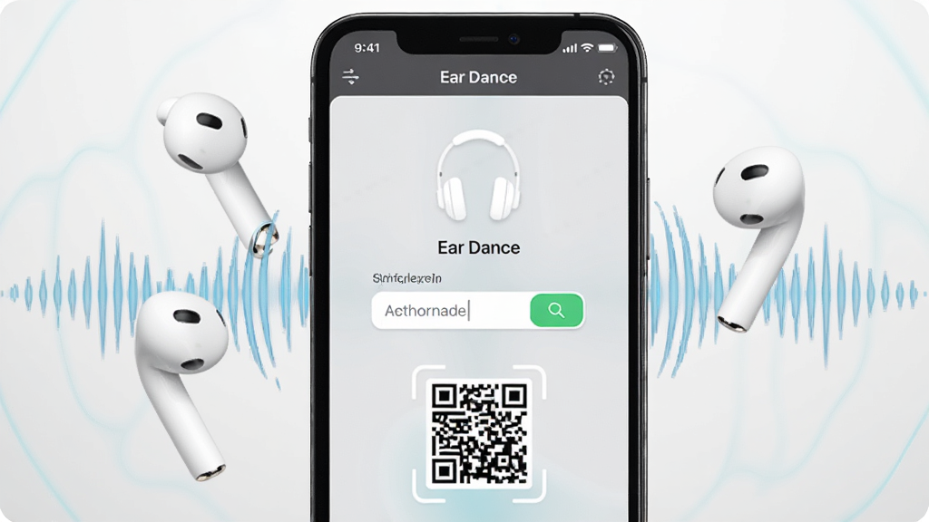 一张展现Ear Dance软件核心功能的宣传图,画面中央是一部智能手机,手机屏幕上显示着Ear Dance应用的设备绑定界面,界面中有耳机图标、授权码输入框和二维码扫描区域。手机周围环绕着白色无线耳机和淡蓝色声波纹理,背景是干净的浅灰渐变,整体风格现代简约,细节清晰,画质高清,干净无多余元素。