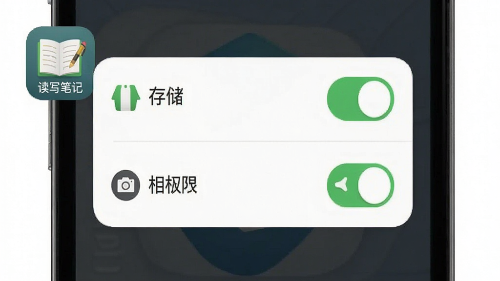 读写笔记应用安装与权限设置示意图,画面中展示手机屏幕上的权限开关界面,有存储和相机权限选项,旁边有