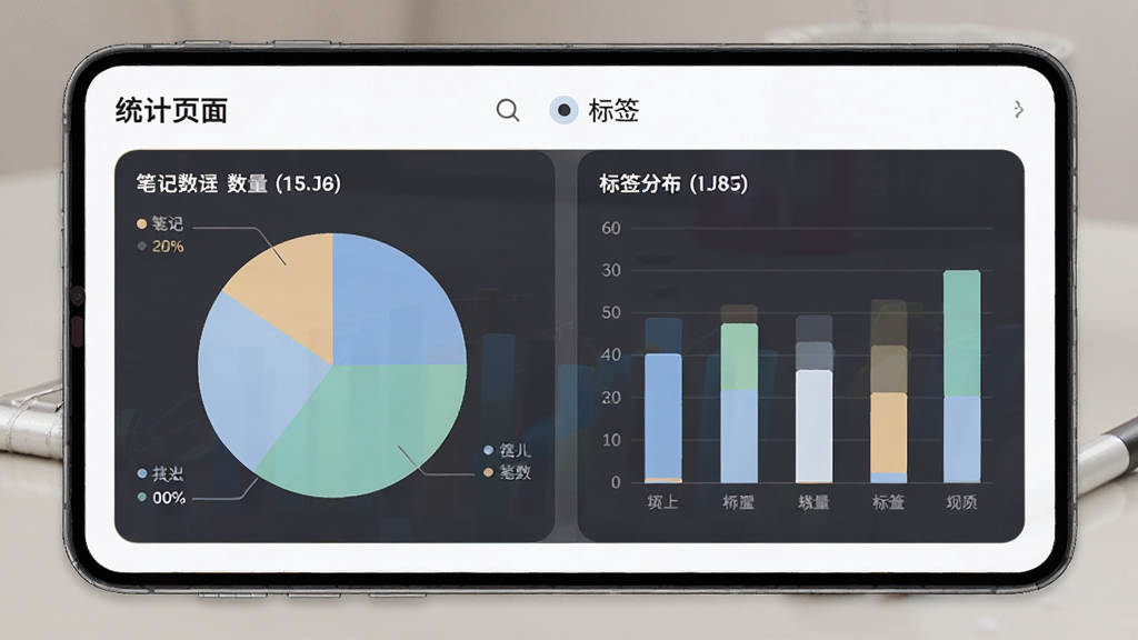 读写笔记应用的统计页面,屏幕中显示饼图和柱状图,图表展示笔记数量和标签分布数据,界面配色柔和,布局清晰,风格数据可视化,画质干净,无多余元素