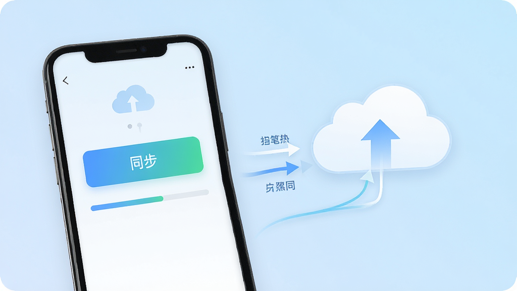 读写笔记应用的数据同步界面,画面中展示手机与云端之间的数据传输示意,界面中有