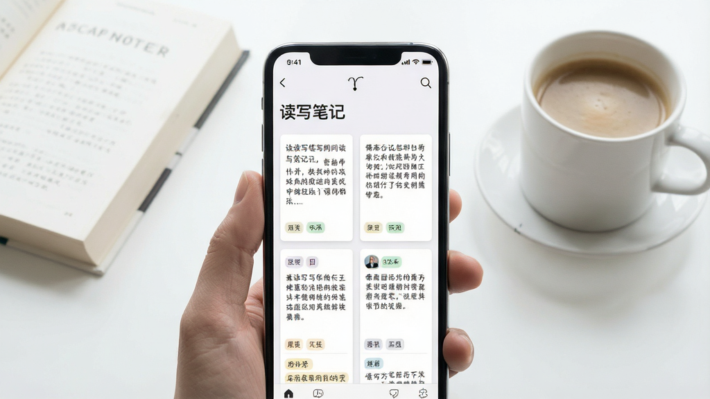 一张展示读写笔记应用核心界面的场景图,画面中央是手机屏幕,屏幕内显示读写笔记应用的主页,页面顶部有