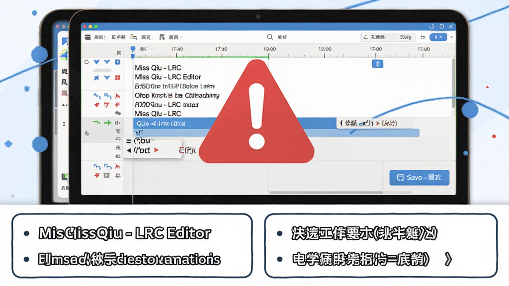 一张展示 Miss Qiu - LRC Editor 新手操作要点的信息图。主体是电脑屏幕,屏幕中显示歌词编辑界面与一个醒目的红色警告图标。布局为上下结构,上方为软件截图,下方为要点文字框。风格为扁平化信息图风,色调以白、红、蓝为主。细节包括时间轴刻度、快捷键提示、保存按钮。画质清晰,画面干净,无多余元素。