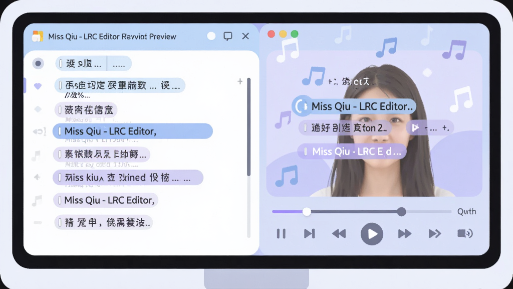 一张表现 Miss Qiu - LRC Editor 实时预览功能的场景插画。主体是电脑屏幕,屏幕左侧为歌词编辑区,右侧为模拟播放器预览窗口,歌词正随音乐高亮滚动。布局为左右分屏构图。风格为柔和圆角扁平风,色调以浅蓝、白色、淡紫为主。细节包括高亮歌词行、滚动条、播放进度条。画质清晰,画面干净,无多余元素。