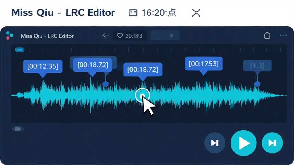 һ�ű��� Miss Qiu - LRC Editor ʱ�����㹦�ܵĲ廭�������������������棬��Ļ������һ��������Ƶ���Σ������Ϸ������Ŷ����ɫʱ�����ǩ [00:12.35]��[00:18.72] �ȡ�����Ϊ������д�����½���һ����Ŀ�Ĳ��ſ��ư�ť�����Ϊ�ִ���ƽ�� UI ��Ʒ磬ɫ��������������Ϊ����ϸ�ڰ������ָ���������㰴ť��ʱ�����������ɼ������ʸɾ��������޶���Ԫ�ء�