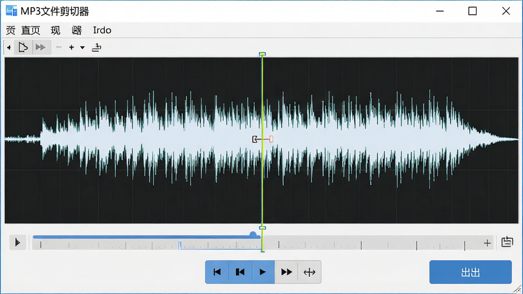 软件名称“MP3文件剪切器”主界面全貌展示,主体为软件操作窗口位于画面中央,布局包含顶部菜单栏、波形显示区、时间轴和底部导出按钮,排版清晰整齐,风格为现代简约科技风,细节包含音频波形可视化、剪切标记线、播放控制按钮,画质高清,干净,无多余元素