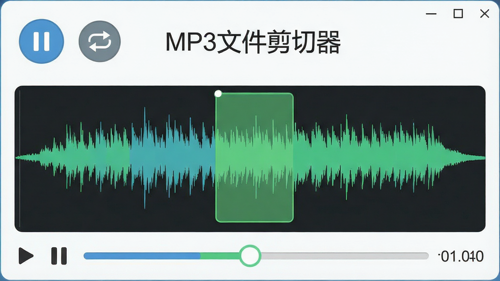软件名称“MP3文件剪切器”试听预览功能展示,主体为播放控制面板与波形同步高亮界面,布局上方为播放按钮组、中央为波形图、下方为进度条,排版简洁,风格为友好易用风,细节包含播放/暂停图标、循环按钮、高亮播放位置、时间显示,画质清晰,干净,无多余元素