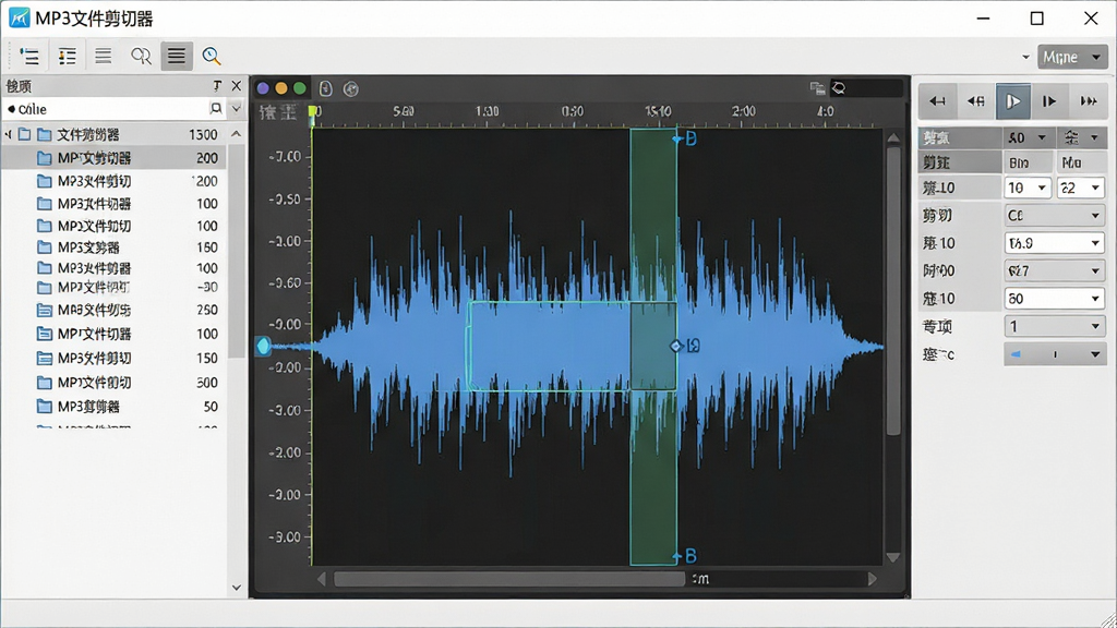 软件名称“MP3文件剪切器”精准剪切功能展示,主体为波形编辑界面,布局左侧为文件列表、中央为放大波形图、右侧为时间参数面板,排版紧凑合理,风格为专业音频工具风,细节包含高亮选中的音频片段、毫秒级时间刻度、剪切范围标记,画质清晰,干净,无多余元素