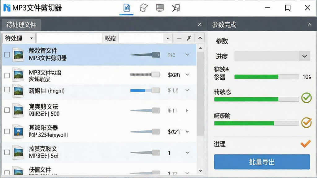 软件名称“MP3文件剪切器”批量处理功能展示,主体为多文件队列管理界面,布局左侧为待处理文件列表、右侧为参数设置与进度显示,排版层次分明,风格为高效办公风,细节包含多个音频文件条目、状态进度条、批量导出按钮、处理完成标记,画质高清,干净,无多余元素