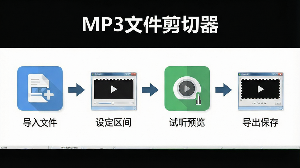 软件名称“MP3文件剪切器”新手操作流程示意图,主体为分步骤操作指引画面,布局从左到右依次为导入文件、设定区间、试听预览、导出保存四个步骤图标,排版横向排列,风格为扁平化教程风,细节包含每一步的简要文字说明、箭头引导、软件界面缩略图,画质清晰,干净,无多余元素
