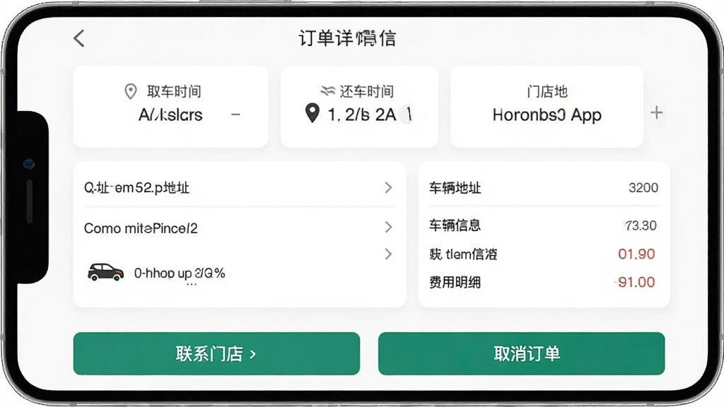 �����⳵APP��������ҳ��չʾȡ��ʱ�䡢����ʱ�䡢�ŵ��ַ��������Ϣ�������ϸ��ҳ��ײ�����ϵ�ŵ���ȡ��������ť�����Ϊ��Ƭʽ��Ϣ���֣������������ɾ����޶���Ԫ��