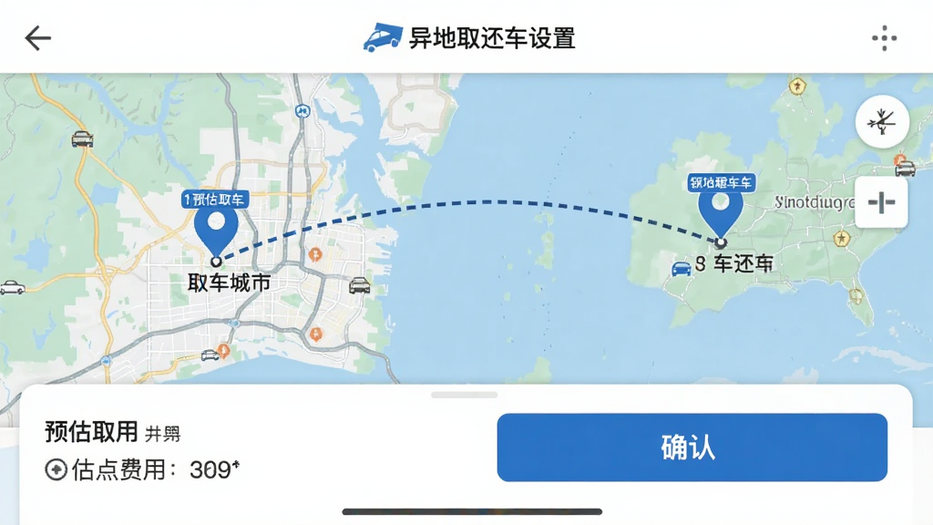 �����⳵APP��չʾ���ȡ��������ҳ�棬��ͼ�ϱ�עȡ�������뻹������������λ�㣬�м����������ӣ��·���ʾԤ��������ȷ�ϰ�ť�����Ϊ��ͼ�������棬�����������ɾ����޶���Ԫ��
