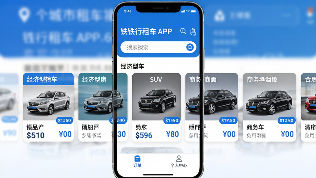 �ֻ���Ļ����չʾ�����⳵APP��ҳ���棬�Ϸ��ǳ��ж�λ���������в��Ǿ����ͽγ���SUV�����񳵵ȳ��Ϳ�Ƭ�������У��ײ��Ƕ�����������ĵ����������岼�����������Ϊ��ˬ��������磬ϸ�ڰ�����������ͼ��۸��ǩ�����ʸ��壬�ɾ����޶���Ԫ��