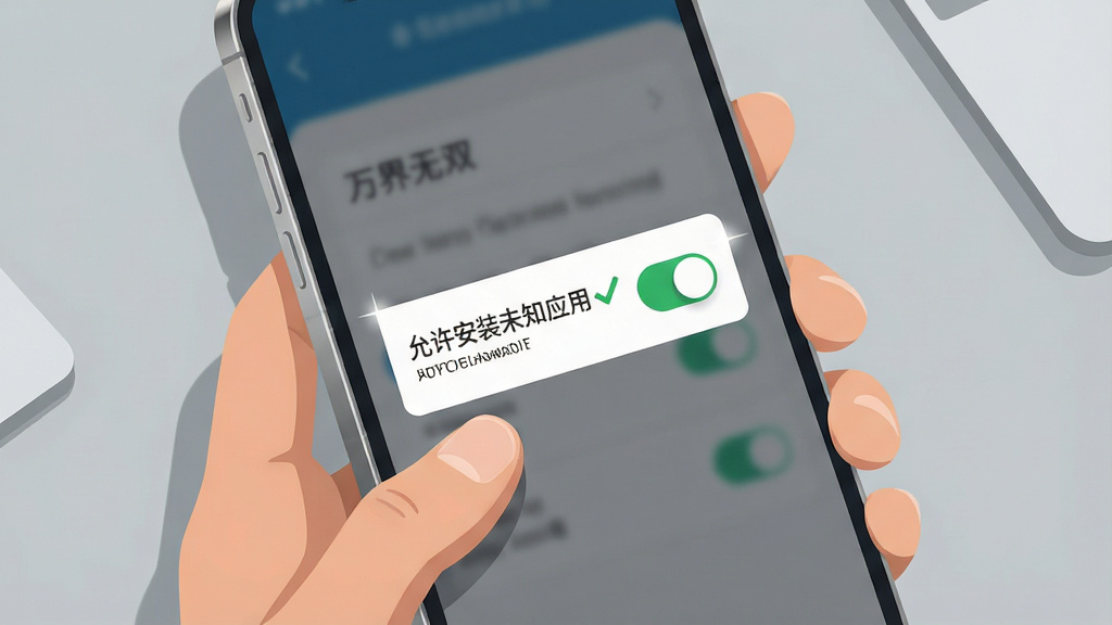 一张手机屏幕显示万界无双安装权限设置的示意图,画面中一只手拿着手机,屏幕上显示“允许安装未知应用”的开关处于开启状态,旁边有一个绿色的对勾。背景是简洁的灰色桌面。布局上手机占据画面主体,权限弹窗位于屏幕中央。风格为扁平化科技插画。细节包括手指的轻微阴影、手机边框的金属质感、开关按钮的高光。画质要求清晰锐利、色彩干净、无多余文字说明。