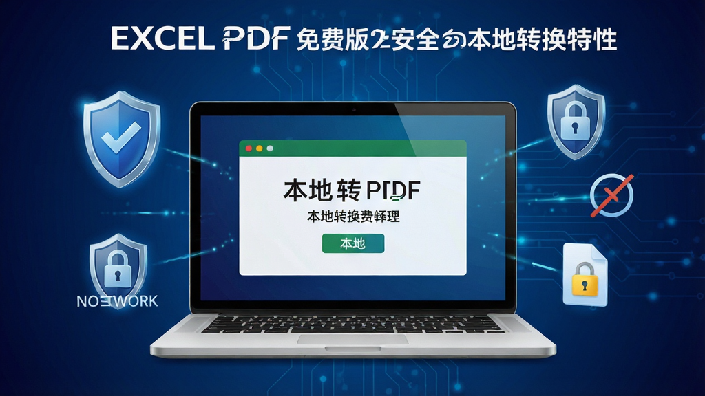 一张展示EXCEL转PDF免费版安全本地转换特性的示意图,画面中有一台笔记本电脑,屏幕显示转换完成界面,周围有盾牌图标和锁形图标,背景为深蓝色科技感渐变,风格为安全防护主题,细节包括本地处理标识、无网络连接符号、文件加密图标,画质清晰,画面干净,无多余元素