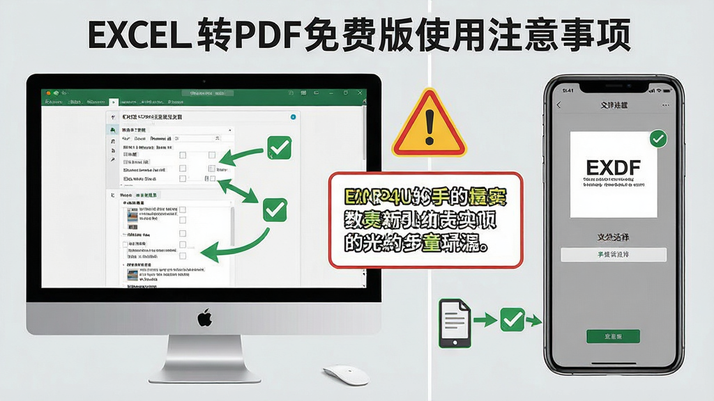 一张展示EXCEL转PDF免费版使用注意事项的图文示意图,画面分为电脑端和手机端两个区域,左侧电脑屏幕显示转换设置界面,右侧手机屏幕显示文件选择界面,中间有警示图标和提示文字框,背景为浅灰色,风格为教程说明图,细节包括勾选标记、箭头指示、注意事项标注,画质清晰,画面干净,无多余元素