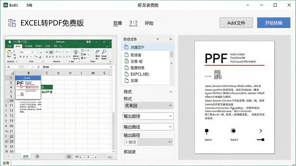 一张简洁的软件界面展示图,画面中央是EXCEL转PDF免费版软件的主操作窗口,左侧显示Excel表格缩略图,右侧展示PDF预览效果,顶部有添加文件和开始转换按钮,整体布局清晰,排版工整,风格为现代办公软件界面,细节包括文件列表、格式选项、输出路径设置,画质清晰,画面干净,无多余元素