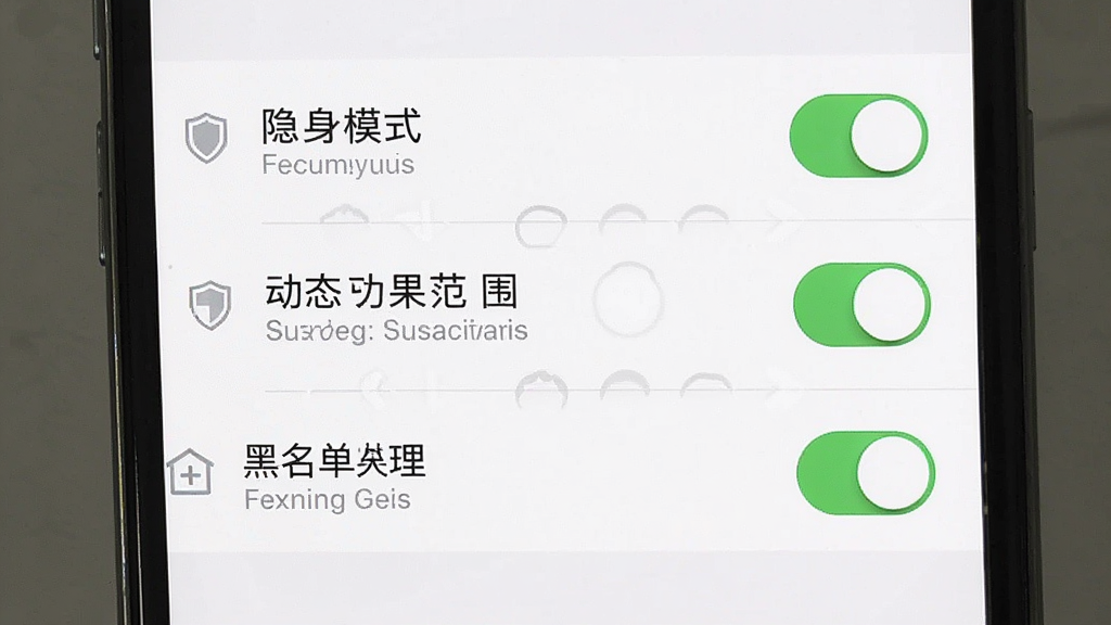 一张展示花间爱隐私设置页面的手机截图,画面主体是手机屏幕上的权限开关列表,包含隐身模式、动态可见范围、黑名单管理等选项,布局为纵向列表,风格素雅极简,细节有盾牌图标与开关按钮,画质清晰,干净,无多余元素